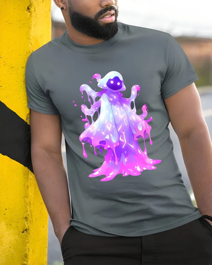 Glow Slime Cool Purple Creature T-Shirt - model in grey shirt leaning against column