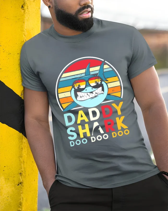 Daddy Shark Doo Fun Father Shark Shirt Now - model in grey shirt leaning against column