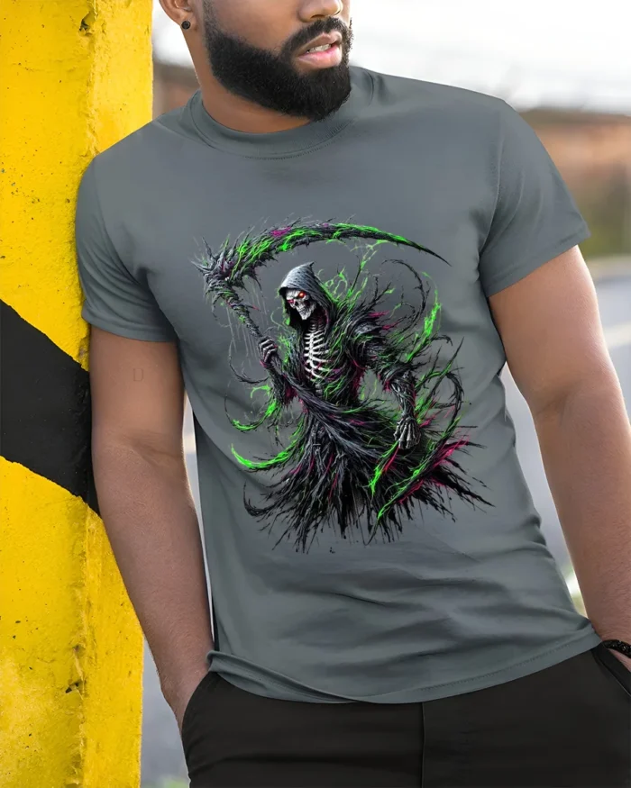 Toxic Death T-Shirt Radioactive Grim Reaper - model in grey shirt leaning against column