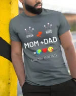 Queen King Mom Dad Family Love T-Shirt Gift - model in grey shirt leaning against column