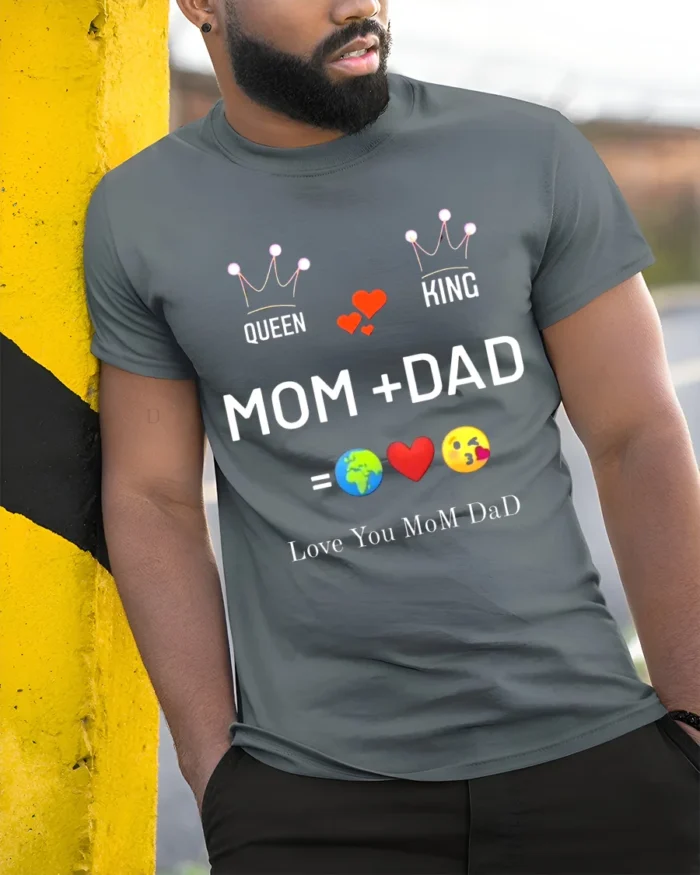 Queen King Mom Dad Family Love T-Shirt Gift - model in grey shirt leaning against column
