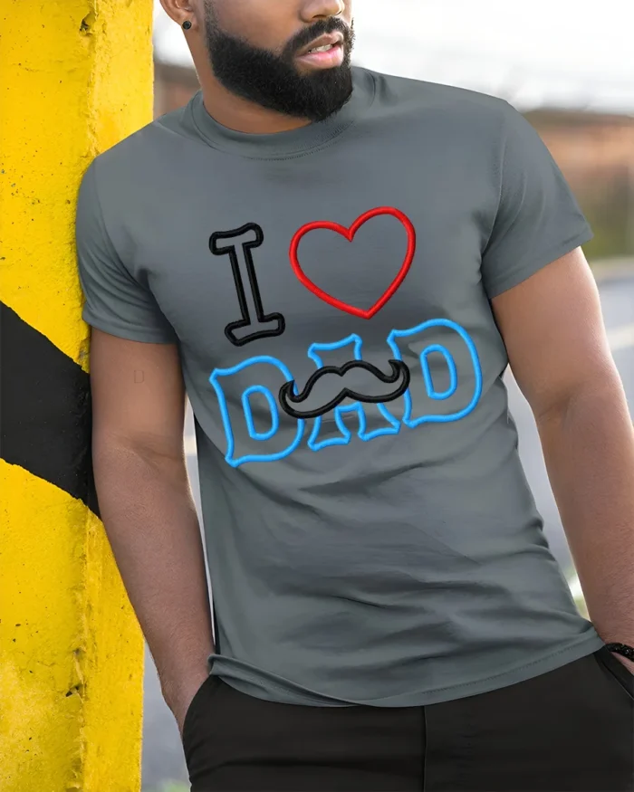 I Love Dad Mustache Funny Father’s Day Shirt - model in grey shirt leaning against column