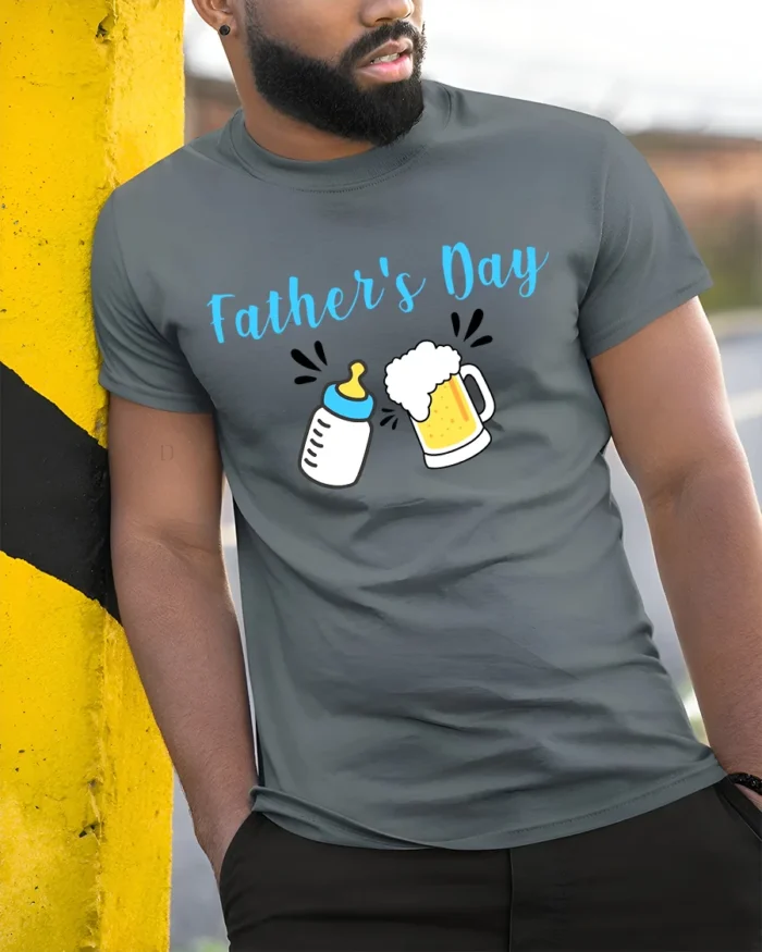 First Father’s Day Baby Bottle Beer Dad Shirt - model in grey shirt leaning against column