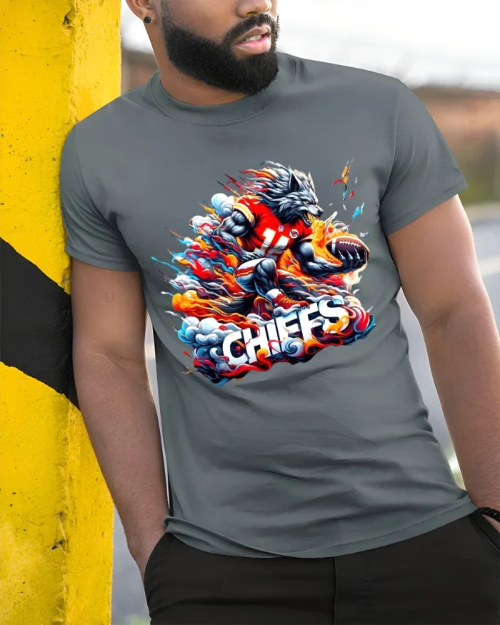 Wild Chiefs Wolf Football Fan Shirt - model in grey shirt leaning against column