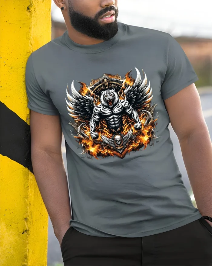 Mystic Tiger Wings Fierce Skull Animal Shirt - model in grey shirt leaning against column
