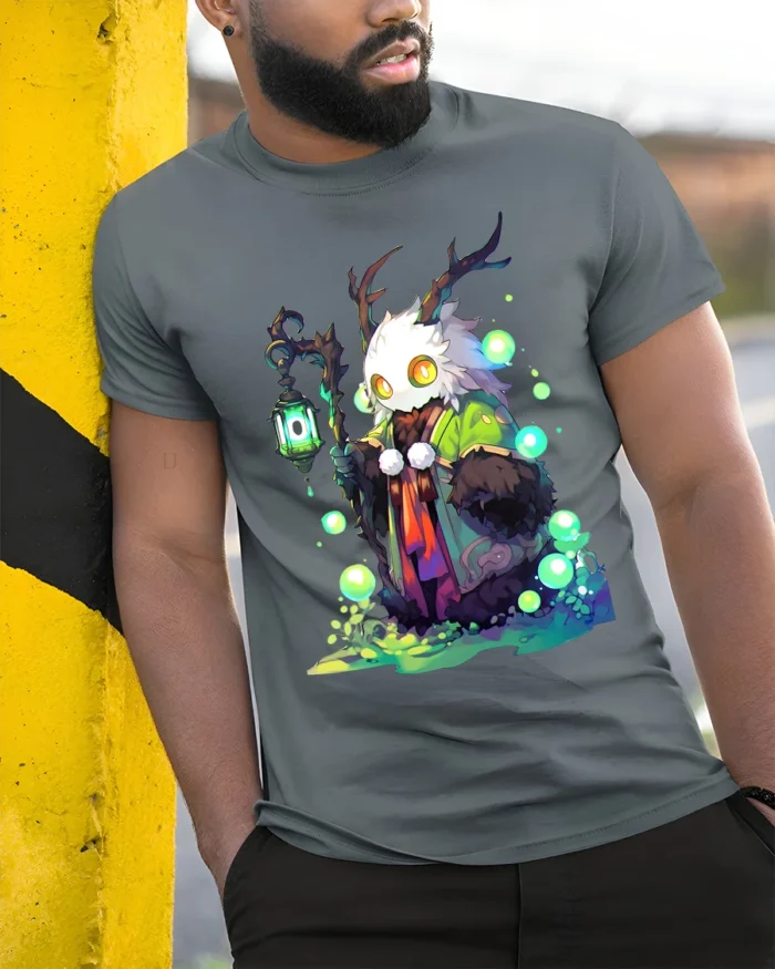 Enchanted Creature Forest Spirit Glow Eye Antler Tee - model in grey shirt leaning against column