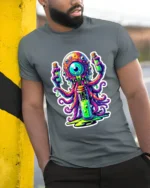 Neon Alien Brain Trippy Monster Glow Monster T-Shirt - model in grey shirt leaning against column