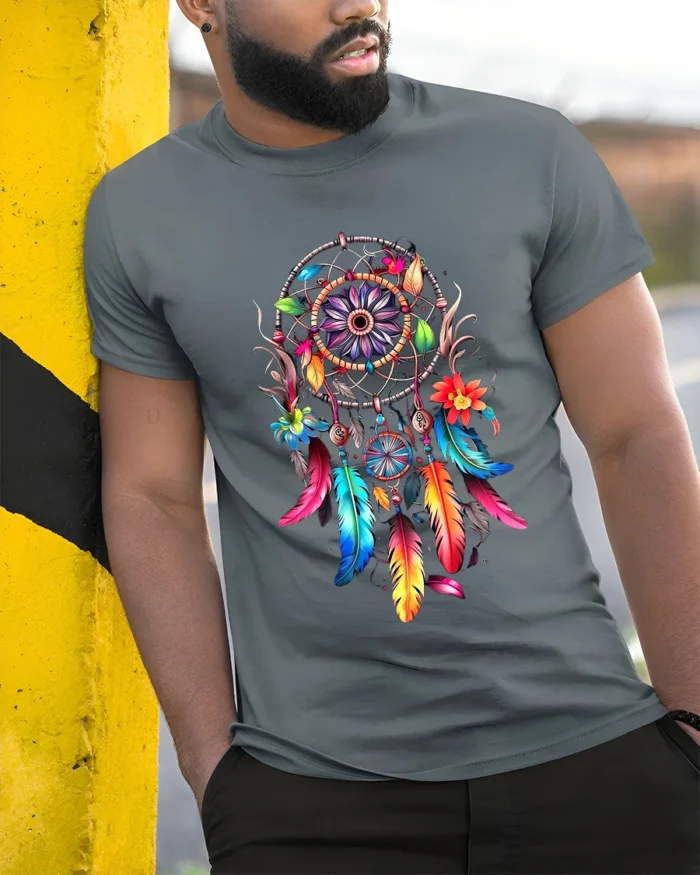 Spirit Catcher Colorful Native American Shirt - model in grey shirt leaning against column