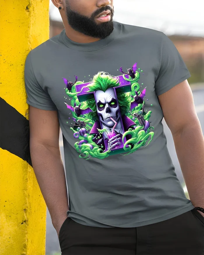 Creepy Joker Halloween Villain Skull Shirt - model in grey shirt leaning against column
