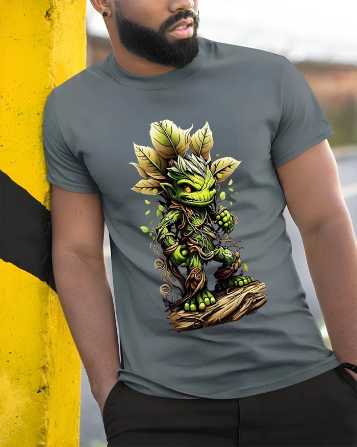 Forest Sprite Cute Plant Creature T-Shirt - model in grey shirt leaning against column
