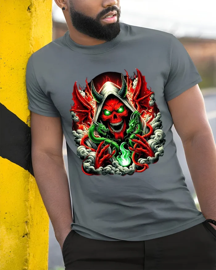 Infernal Skull T-Shirt Red Demon Green Dragon - model in grey shirt leaning against column