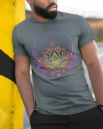 Celestial Lotus T-Shirt Moon Phase Yoga Zen - model in grey shirt leaning against column