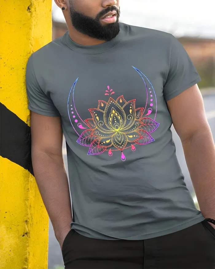 Celestial Lotus T-Shirt Moon Phase Yoga Zen - model in grey shirt leaning against column