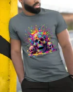 Rainbow Skull T-Shirt Vibrant Splatter Skull - model in grey shirt leaning against column