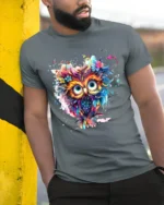 Vibrant Floral Owl Bohemian Style Colorful Bird T-Shirt for Nature Lovers - model in grey shirt leaning against column
