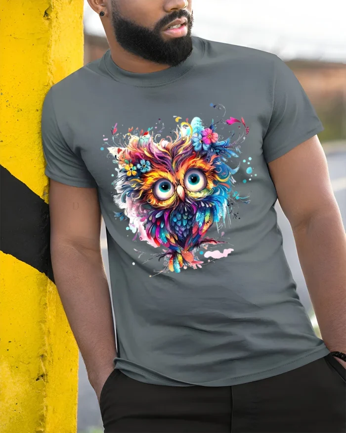 Vibrant Floral Owl Bohemian Style Colorful Bird T-Shirt for Nature Lovers - model in grey shirt leaning against column