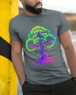 Neon Psychedelic Mushroom Tree Vibrant Trippy Fungi Forest T-Shirt - model in grey shirt leaning against column
