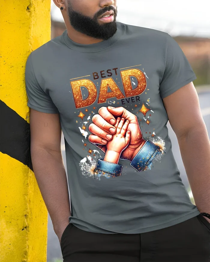 Number One Dad Hand Special Father’s Day T-Shirt for the Best Papa - model in grey shirt leaning against column
