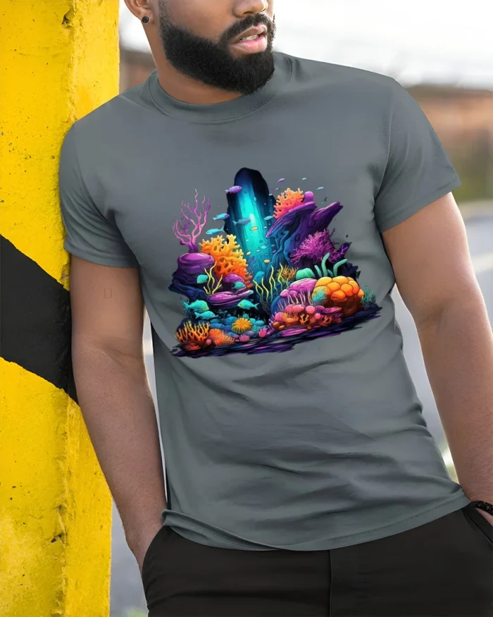 Underwater Paradise Colorful Ocean Scene - model in grey shirt leaning against column