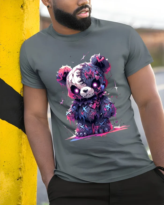 Spooky Cute Bear T-Shirt Creepy Kawaii Teddy Bear Design for Goth Lovers - model in grey shirt leaning against column