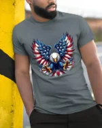 USA Eagle Wings Patriotic American T-Shirt - model in grey shirt leaning against column