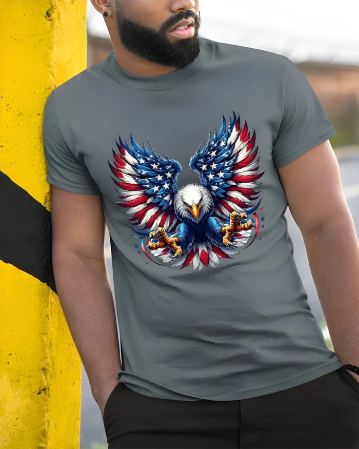 USA Eagle Wings Patriotic American T-Shirt - model in grey shirt leaning against column
