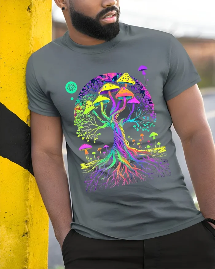 Psychedelic Shroom Tree Colorful Fungi T-Shirt - model in grey shirt leaning against column
