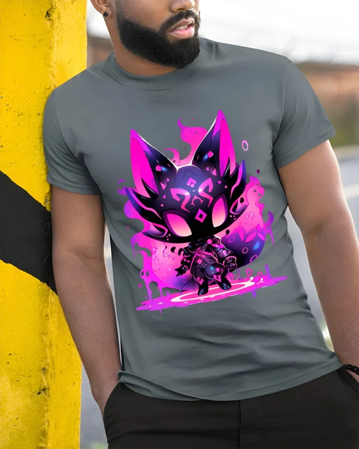 Neon Cat Creature Glowing Fantasy Animal T-Shirt - model in grey shirt leaning against column
