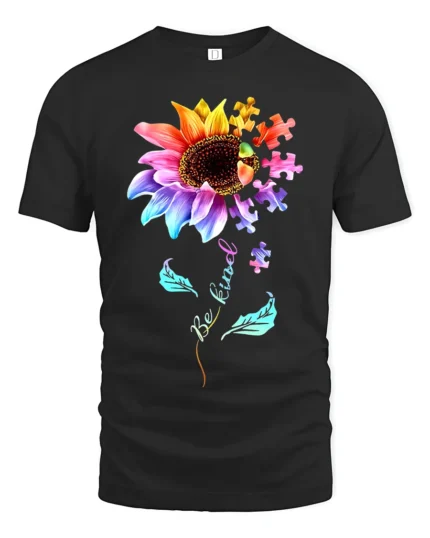 Be Kind Puzzle Sunflower T-Shirt Autism Awareness Graphic Tee for Kindness - black t-shirt on white background