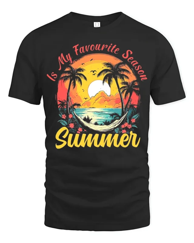 Summer Favourite Season T-Shirt Tropical Beach Vacation Tee for Sunshine Lovers - black t-shirt on white background