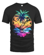 Vibrant Palm Sunset T-Shirt Abstract Tropical Beach Graphic Tee for Summer Vibes - black t-shirt on white background