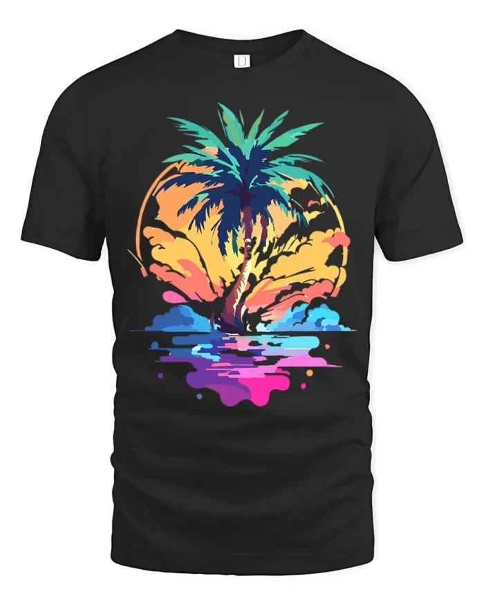 Vibrant Palm Sunset T-Shirt Abstract Tropical Beach Graphic Tee for Summer Vibes - black t-shirt on white background