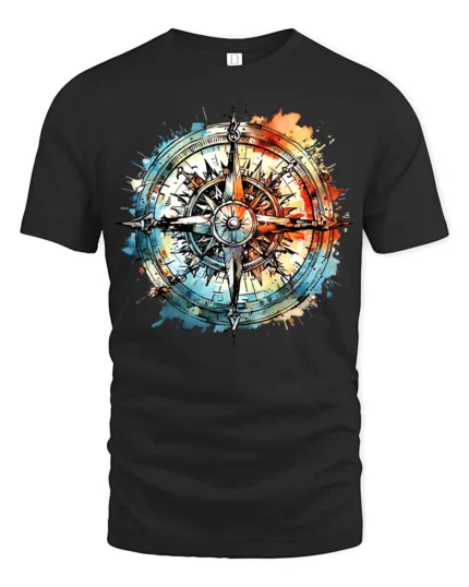 Watercolor Compass T-Shirt Artistic Nautical Travel Tee for Adventure Seekers - black t-shirt on white background