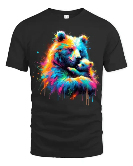 Colorful Bear Hug Tee Abstract Watercolor Mother and Baby Bear T-Shirt for US - black t-shirt on white background