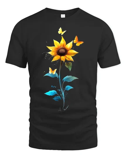 Sunflower Butterfly Tee Vibrant Floral Insect T-Shirt for Nature Lovers - black t-shirt on white background