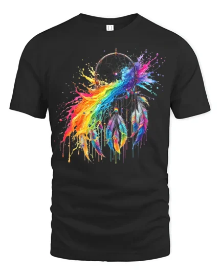 Watercolor Dreamcatcher T-Shirt Rainbow Feather Spirit Graphic Tee for Dreamers - black t-shirt on white background
