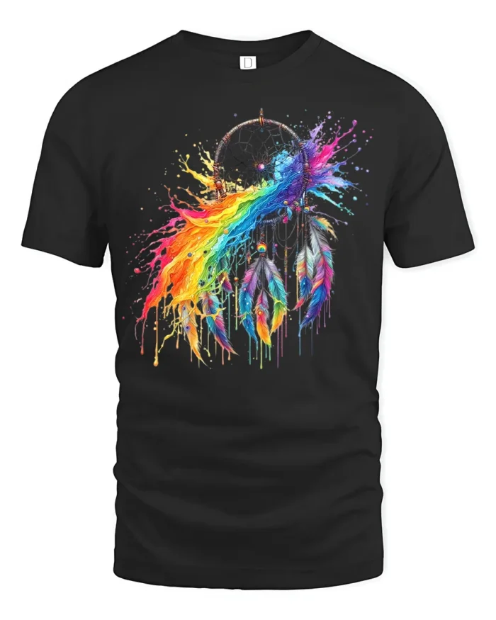 Watercolor Dreamcatcher T-Shirt Rainbow Feather Spirit Graphic Tee for Dreamers - black t-shirt on white background
