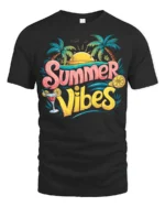 Cool Summer Vibes T-Shirt Retro Beach Sunset Tee with Palm Trees Drink - black t-shirt on white background