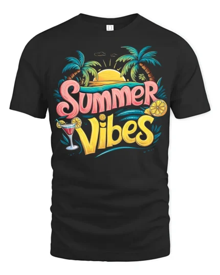 Cool Summer Vibes T-Shirt Retro Beach Sunset Tee with Palm Trees Drink - black t-shirt on white background