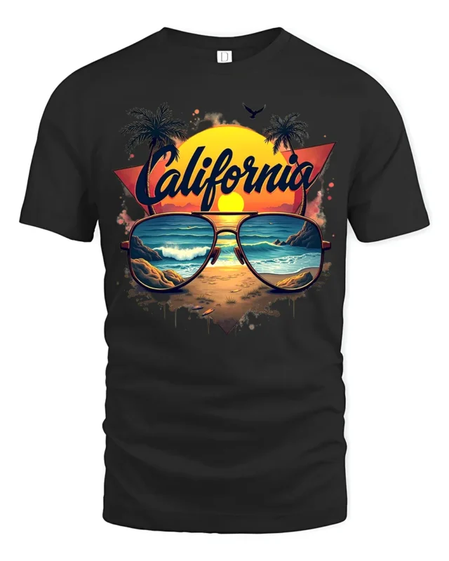 California Beach Vibes Tee Retro Sunset Sunglasses T-Shirt for West Coast Fans - black t-shirt on white background
