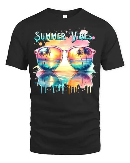 Summer Vibes Sunglasses Tee Tropical Beach T-Shirt for Sunshine Lovers - black t-shirt on white background