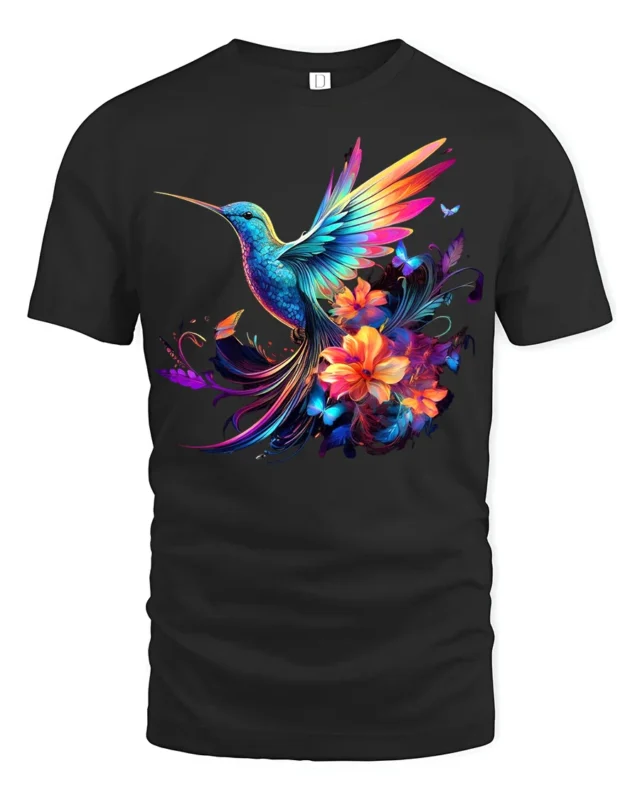Rainbow Hummingbird Tee Vibrant Floral Butterfly T-Shirt for Nature Lovers - black t-shirt on white background