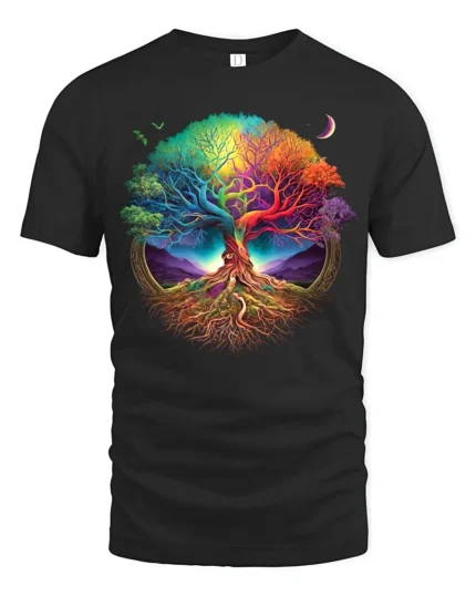 Vibrant Life Tree Yoga Zen Tee Rainbow Colored Spiritual Nature T-Shirt for All - black t-shirt on white background