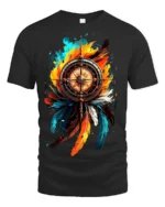 Nautical Feather T-Shirt Artistic Compass Graphic Tee for Explorers and Dreamers - black t-shirt on white background