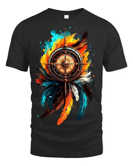 Nautical Feather T-Shirt Artistic Compass Graphic Tee for Explorers and Dreamers - black t-shirt on white background