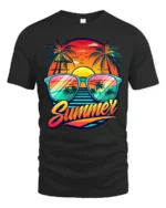 Retro Summer Vibes Tee Sunset Beach Sunglasses T-Shirt for Vacation Lovers - black t-shirt on white background