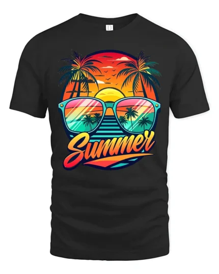 Retro Summer Vibes Tee Sunset Beach Sunglasses T-Shirt for Vacation Lovers - black t-shirt on white background