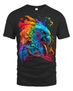 Colorful Parrot Explosion T-Shirt Vibrant Tropical Bird Tee for Summer Fun - black t-shirt on white background