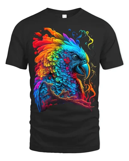 Colorful Parrot Explosion T-Shirt Vibrant Tropical Bird Tee for Summer Fun - black t-shirt on white background