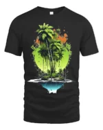 Tropical Island Reflection Tee Abstract Palm Tree Beach T-Shirt for Vacation - black t-shirt on white background